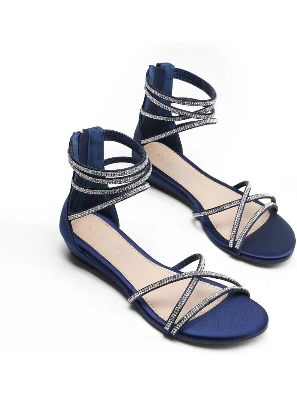 Women's Navy Rhinestones Gladiator Flat Sandals Ankle Strap Comfortable Zip